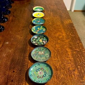 Vintage China Old Export Estate Lady Bird Flower Enamel Brass Change Trays Lot